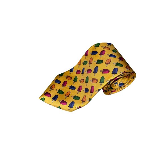 Mens Huntington Yellow Ice Cream 100% Silk Classic Tie Novelty Print - Picture 2 of 7